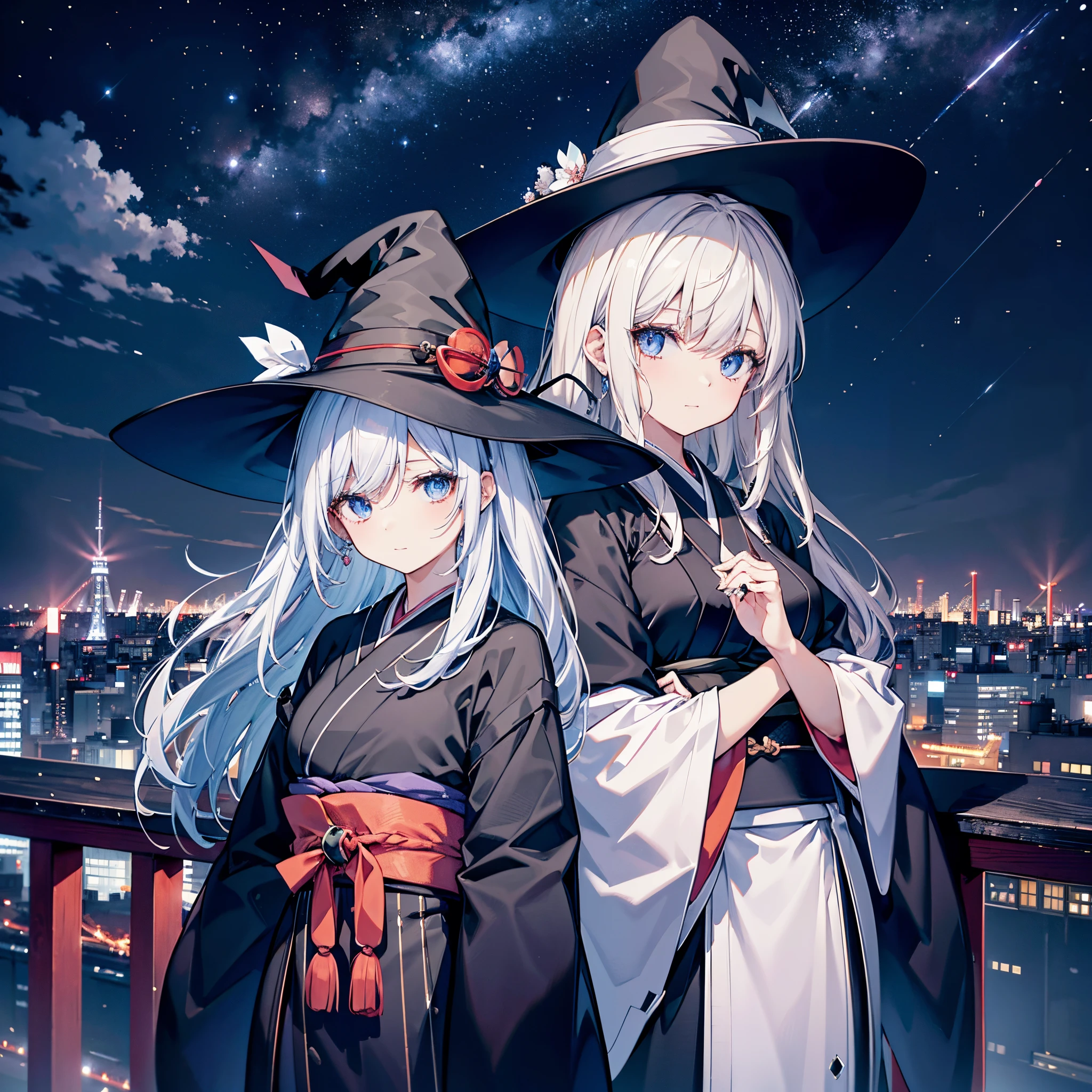 This is the rooftop of a building in Tokyo.、You can see the night view of Tokyo and the lights of Tokyo's port in the background.、I can see a meteor shower、Two adult women A and B leaning on a fence、A is a woman with white hair wearing a large black witch hat with sapphire accessories、B is a woman with dark brown hair wearing a large black witch hat with garnet accessories、witch's hat、blue eyes、Two-dimensional illustration、Japan Anime、drawn by Japanese ilastrator、high-level image quality、4K picture quality、High Quality、hight resolution、5 million pixels、high détails、beatiful backgrounds