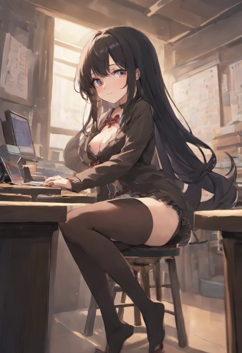 hi-school girl,Long black hair,tits out,Sitting on a desk,She puts on black stockings and spreads her thighs.,A little shy face,a sailor suit,an animated character,Anime style,1.0,high-level image quality,Leg length beautiful legs,high-level image quality