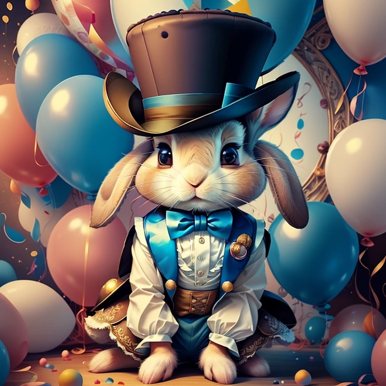 (cute brown baby rabbit with a blue top hat and lots of ballons), Munchkin ,Geometric multidimensional wall portrait, livro de arte, Tchibi,
Yang08k, Beautiful, Colouring,
Obras, of the highest quality, best quality, Arte Oficial, Beautiful and Aesthetic,