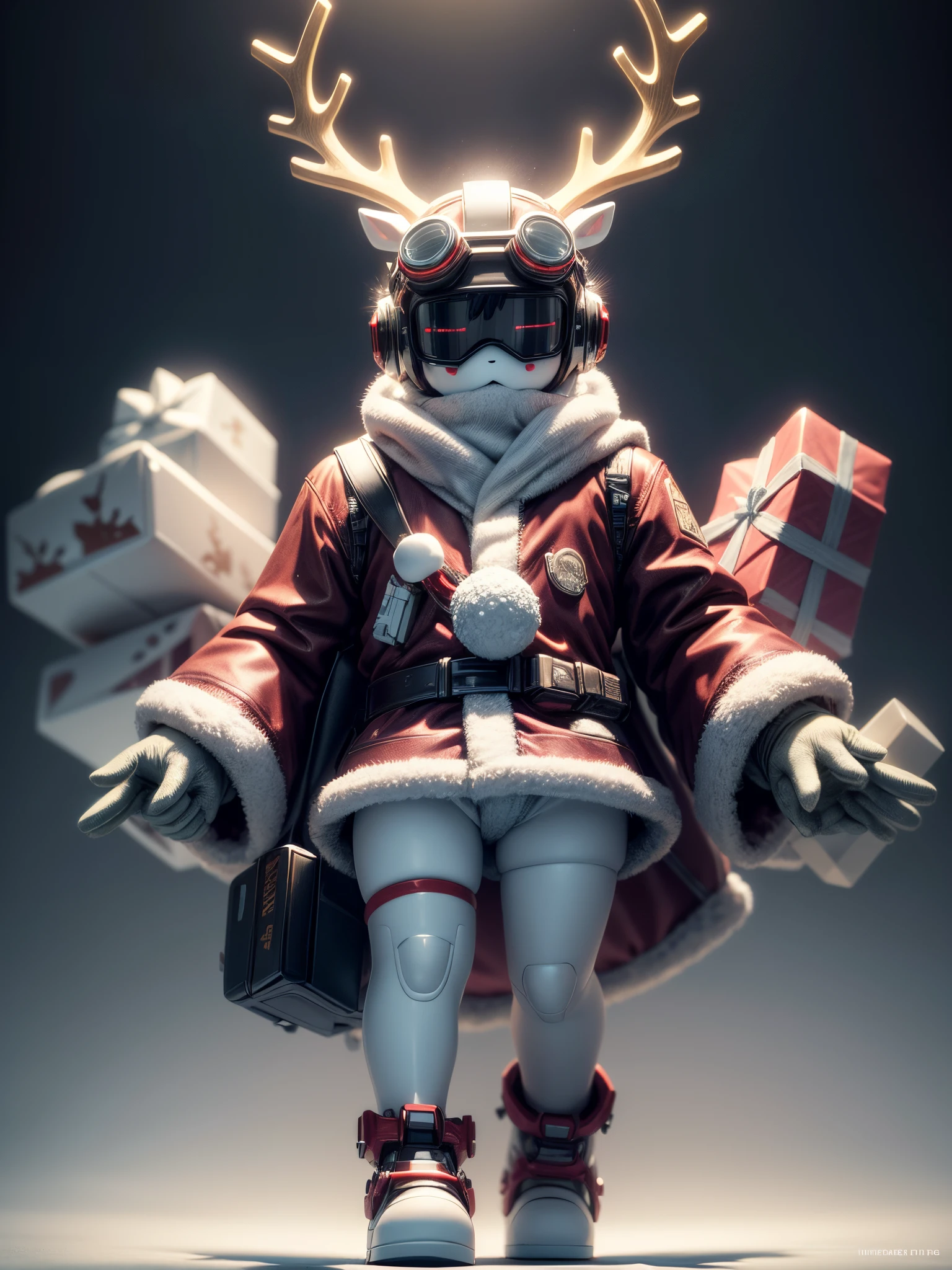 Reindeer, (blind box toy style:1.2), nuttcraker toy, (Full Body Shot) , 1 Transparent Santa claus, Behind him is a snowman and reindeer, snowflakes, Transparent mecha, Exquisite Helmet:1.2, glowing goggles:1.2, Cyberpunk, Dreamy Glow, Luminous neon lamp, clean, white background, ( Global illumination, raytracing, HDR, unreal render,reasonable design, high detailed, masterpiece, best quality, UHD, Cinematic Lighting)