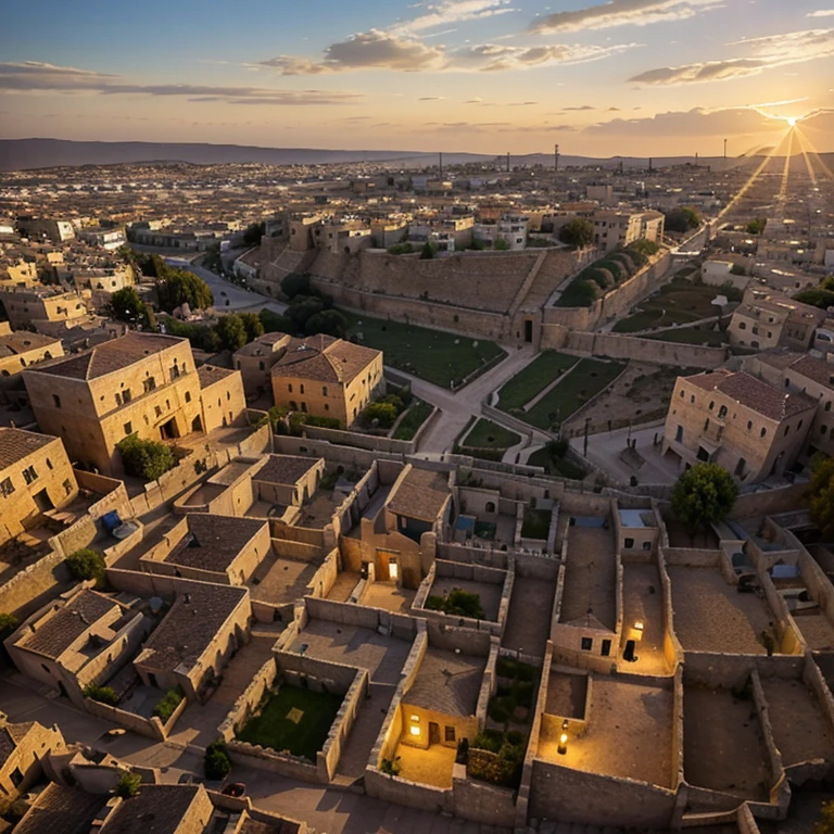 An impressive view of Bethlehem in Judea, capturing the picturesque skyline with its golden stone houses bathed in the soft light of the sunset. Highlight for Manjedoura Square, where historic architecture mixes with the magic of tradition, creating a unique and memorable scene.