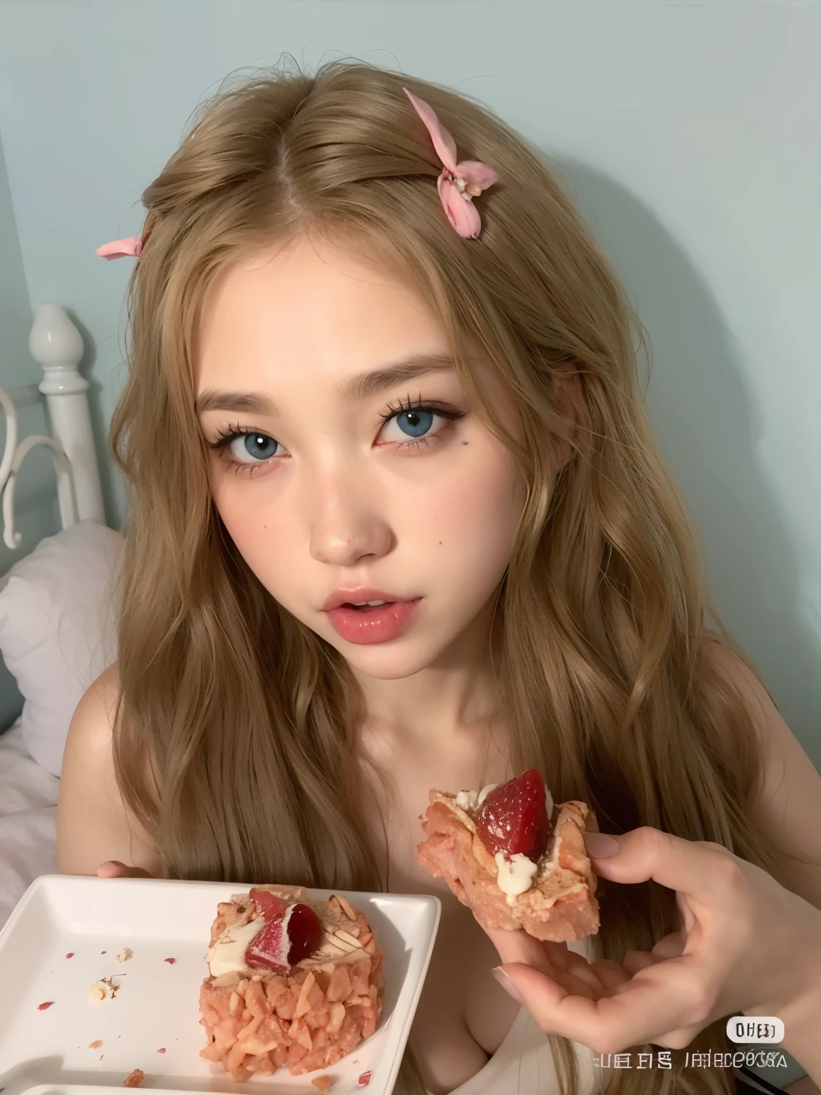 Blonde girl with blue eyes eating a piece of cake and a plate of food, Mukbang, Ulzzang, ultrarrealista doce coelhinho menina, kawaii retrato realista, maquiagem sul-coreana popular, jossi do blackpink, Yanjun Chengt, linda Delphine, Lalisa Manobal, Fairycore, pale porcelain white skin, her face looks like an orchid