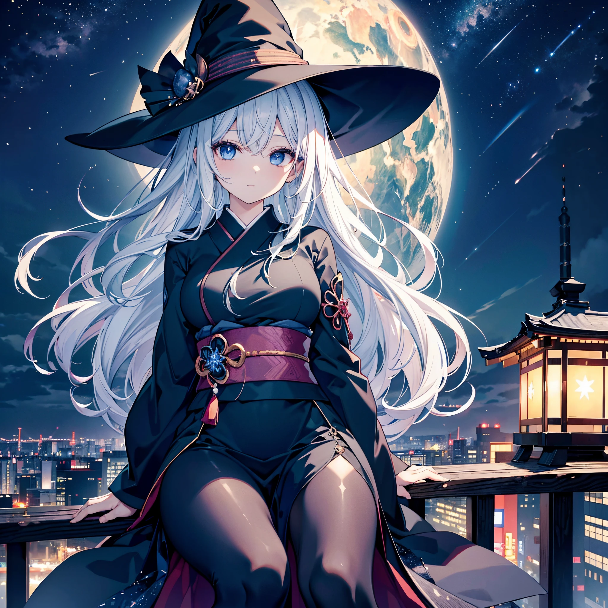 This is the rooftop of a building in Tokyo.、You can see the night view of Tokyo and the lights of Tokyo&#39;s port in the background.、I can see a meteor shower、Two adult women A and B leaning on a fence、A is a woman with white hair wearing a large black witch hat with sapphire accessories、B is a woman with dark brown hair wearing a large black witch hat with garnet accessories、witch's hat、blue eyes、Two-dimensional illustration、Japan Anime、drawn by Japanese ilastrator、high-level image quality、4K picture quality、High Quality、hight resolution、5 million pixels、high détails、beatiful backgrounds