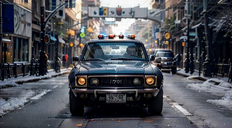 dark grayish-blue car in motion running away from police, urban, 1970s, 8K, HD, worm colors
