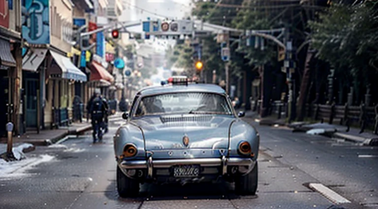 dark grayish-blue car in motion running away from police, urban, 1970s, 8K, HD, worm colors