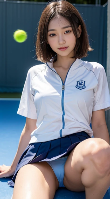 NSFW、From below、I want you to look at my panties.、showing off panties、Physical education sitting、You can see panties on BDSM、pantyshot、up skirt、Lifted skirt、((Japan Girls' High School Tennis Uniform in Blue and White Thin Mini Skirt)、Wide open crotch:1.2、Very little dough、)、Sit with your knees bent、Do not hide the lower body、Very very cute face、The best smile、Voluptuous body、mekosji、Cameltoe、((top-quality,8K、masterpiece:1.3))、Crisp focus:1.2、Cute woman with perfect body shape:1.ung Face、You can see the double teeth、Light Brown Medium Bob Hair、A slender、abdominals:1.2、Oiled shiny skin、Highly detailed facial and skin texture、A detailed eye、二重まぶた、Professional Writing、tennis coat、(((Panties are visible)))