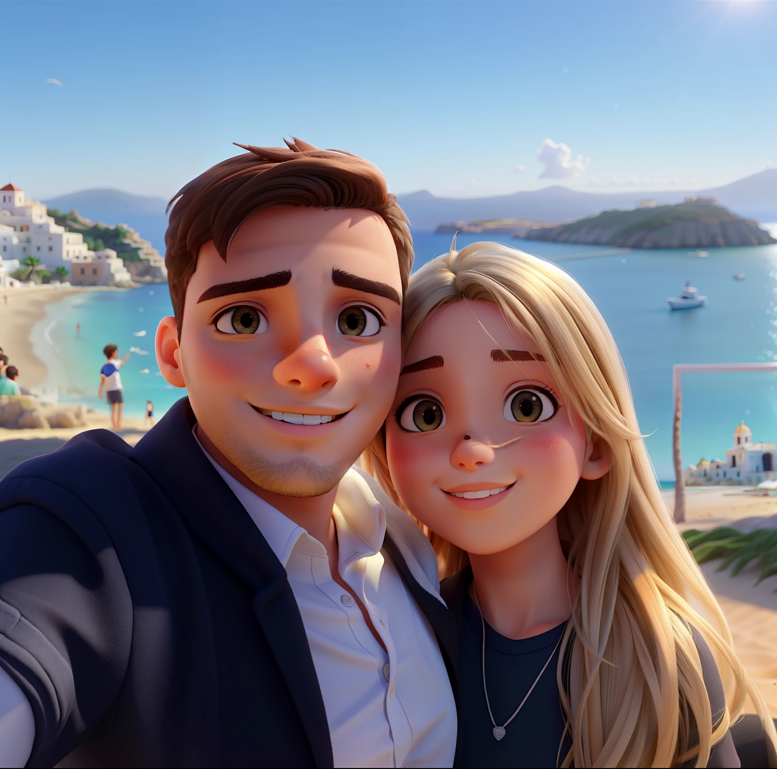 Um casal jovem parado na frente, iluminados pela luz do sol, against the backdrop of a beautiful beach in Greece.