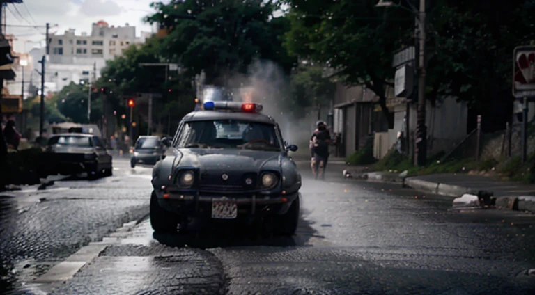 dark grayish-blue car in motion running away from police, urban, 1970s, 8K, HD, worm colors