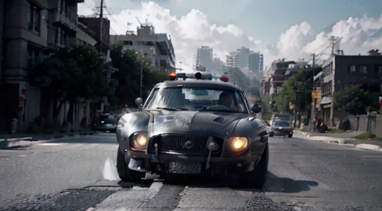 dark grayish-blue car in motion running away from police, urban, 1970s, 8K, HD, worm colors