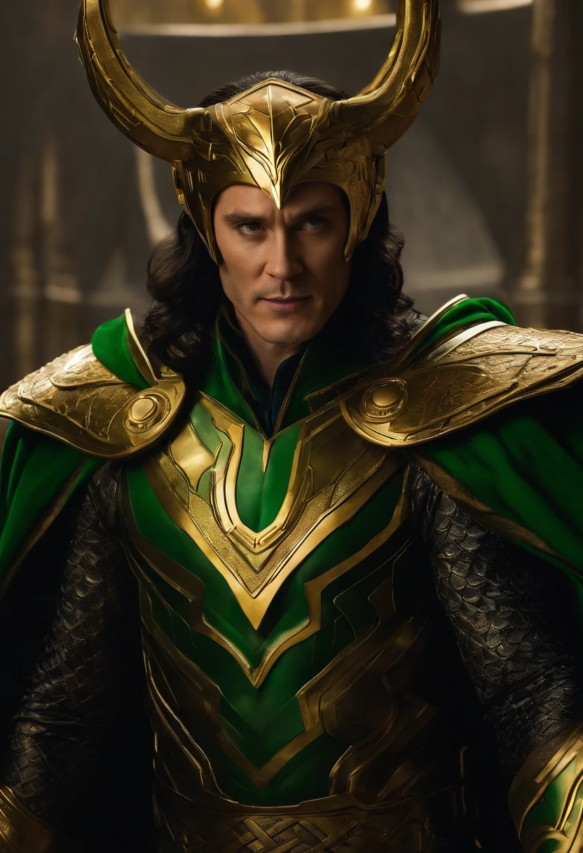 A photo of Loki enjoying a lively game of Mjölnir toss with a group of Asgardian warriors,Marvel Cinematic Universe,Loki, the “God of Mischief” is depicted in Marvel Comics and the Marvel Cinematic Universe, as a figure of mischief and complexity. he is seen with slicked-back black hair, often wearing a green and gold Asgardian costume that reflects both his royal heritage and his penchant for flair., male