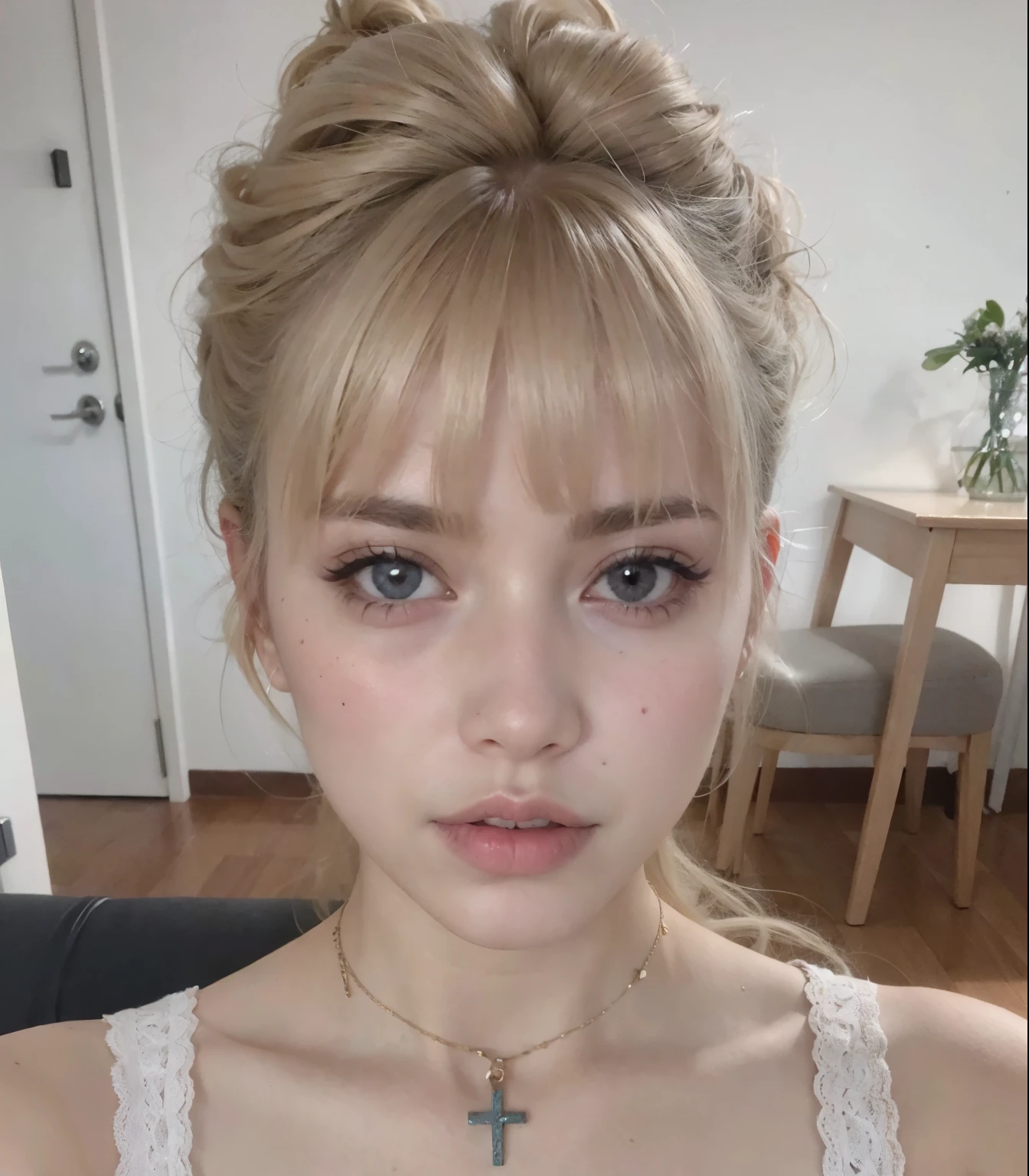 Blonde woman in a messy bun in a white top and a cross necklace, cabelos loiros e olhos grandes, Lalisa Manobal, 19-year-old girl, 🤤 retrato da menina, rosto perfeito ), her face looks like an orchid, longos cabelos loiros e olhos grandes, sem maquiagem, pale round face, franja fofa, rosto extremamente bonito
