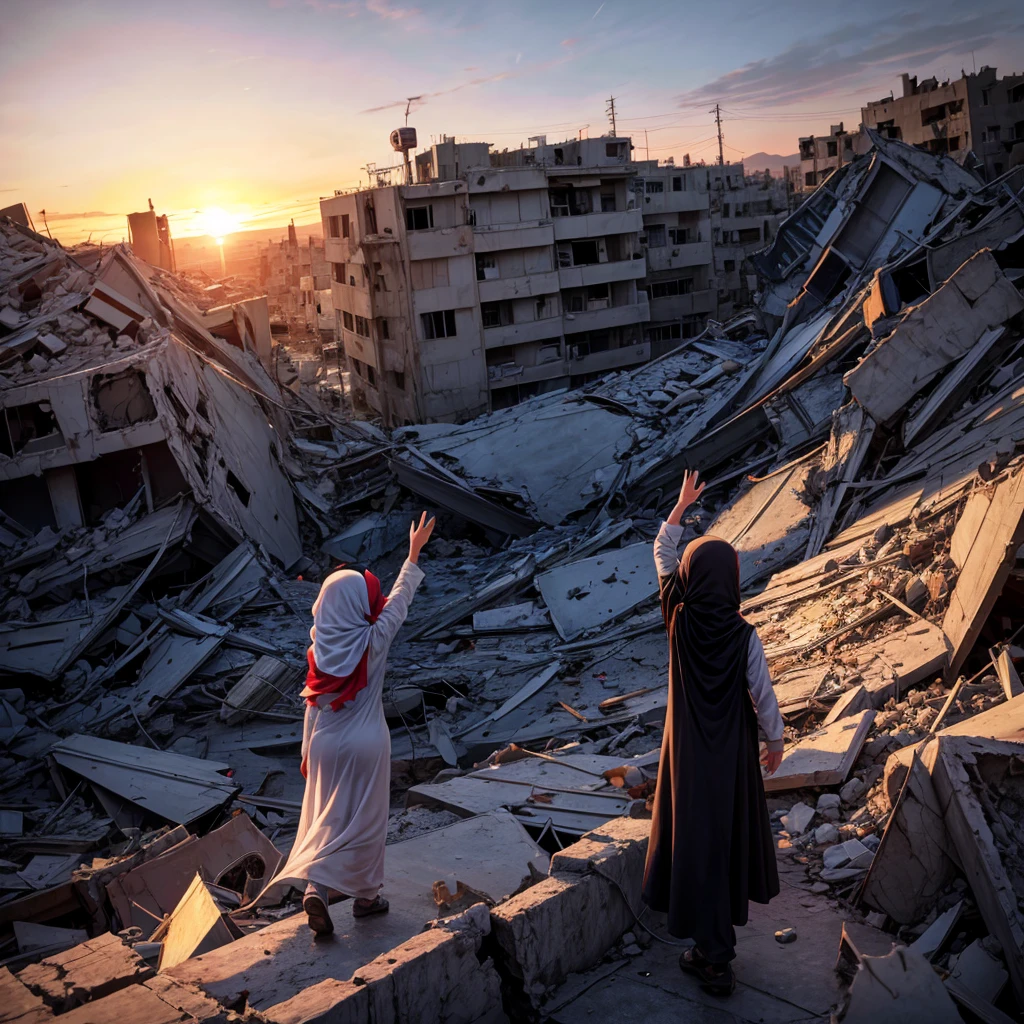 palestine flag, sunset, stars, Palestine earthquake, one little hijab girl from behind waving Palestine flag looking at rubble and destruction, somber, hope, Palestine flag, hijab, muslim