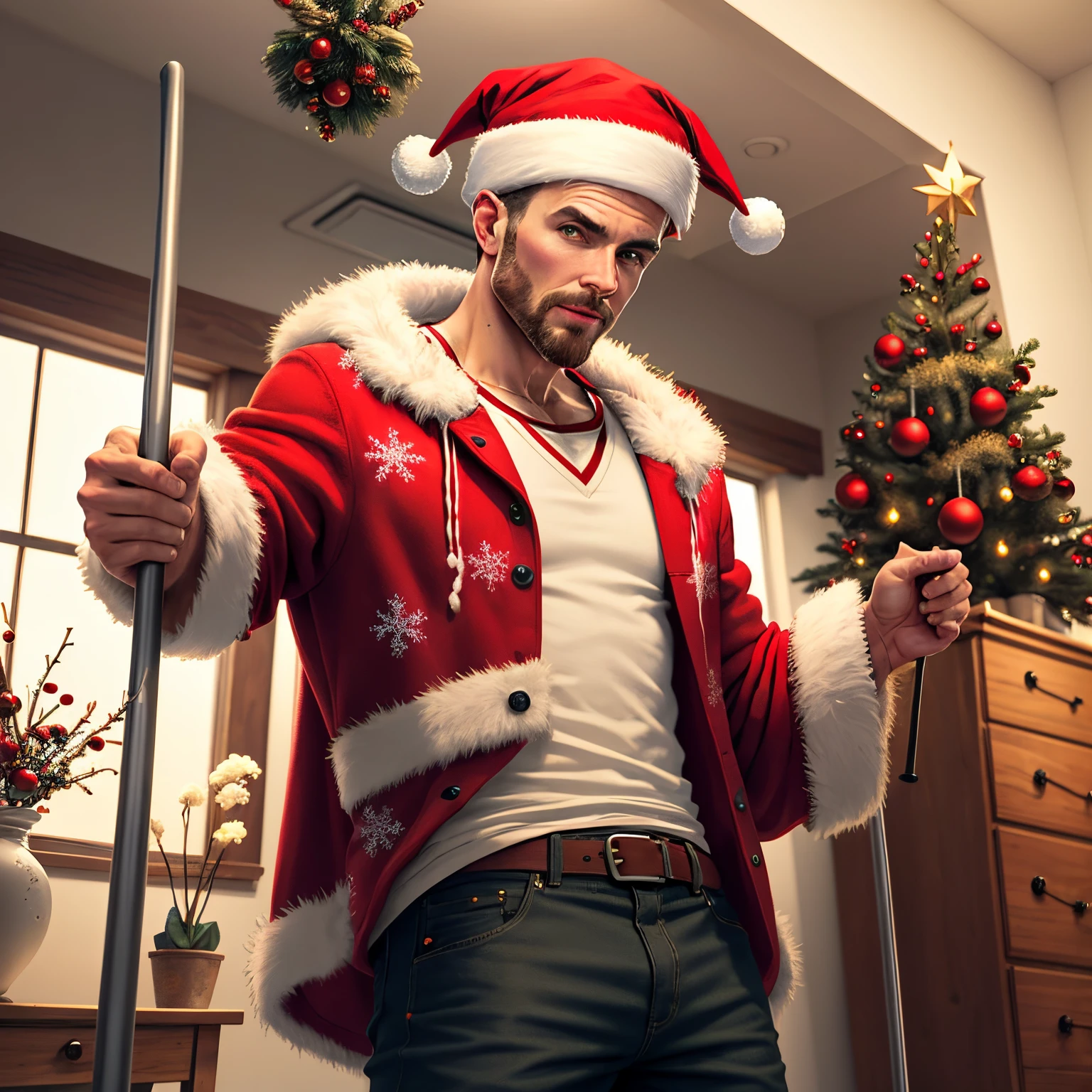 Guy grab a pole in decoration Christmas