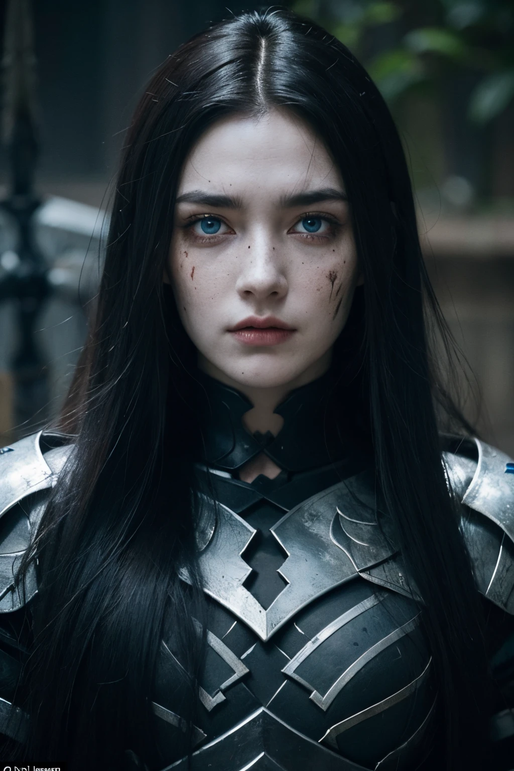 beautiful warrior with long flowing black hair and blue eyes, She wears black metal medieval armor and is in the middle of a fierce battle against enemy soldiers, your face is stained with blood and freckles, Your skin is white, and his expression is angry
