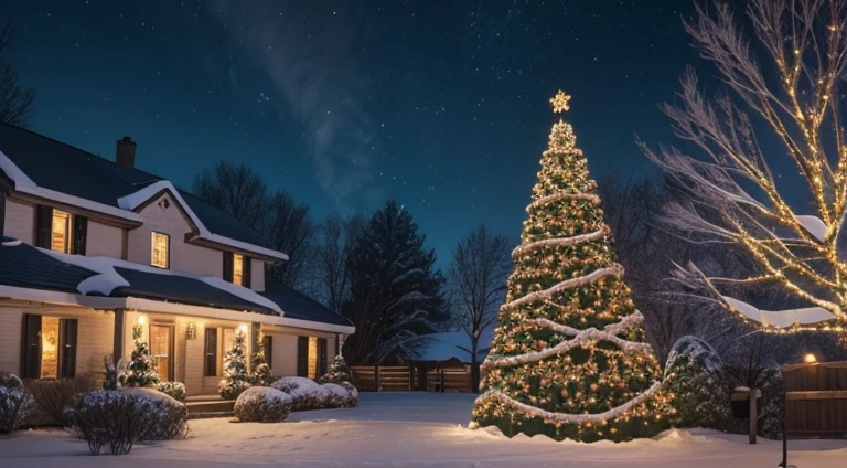 Draw a picture of an outdoor Christmas location, a Christmas tree on the right of the screen, a string of Christmas lights hanging from the top of the design. cores quentes e um ambiente bem iluminado. Ultra HD. only heaven, the lights and the tree.