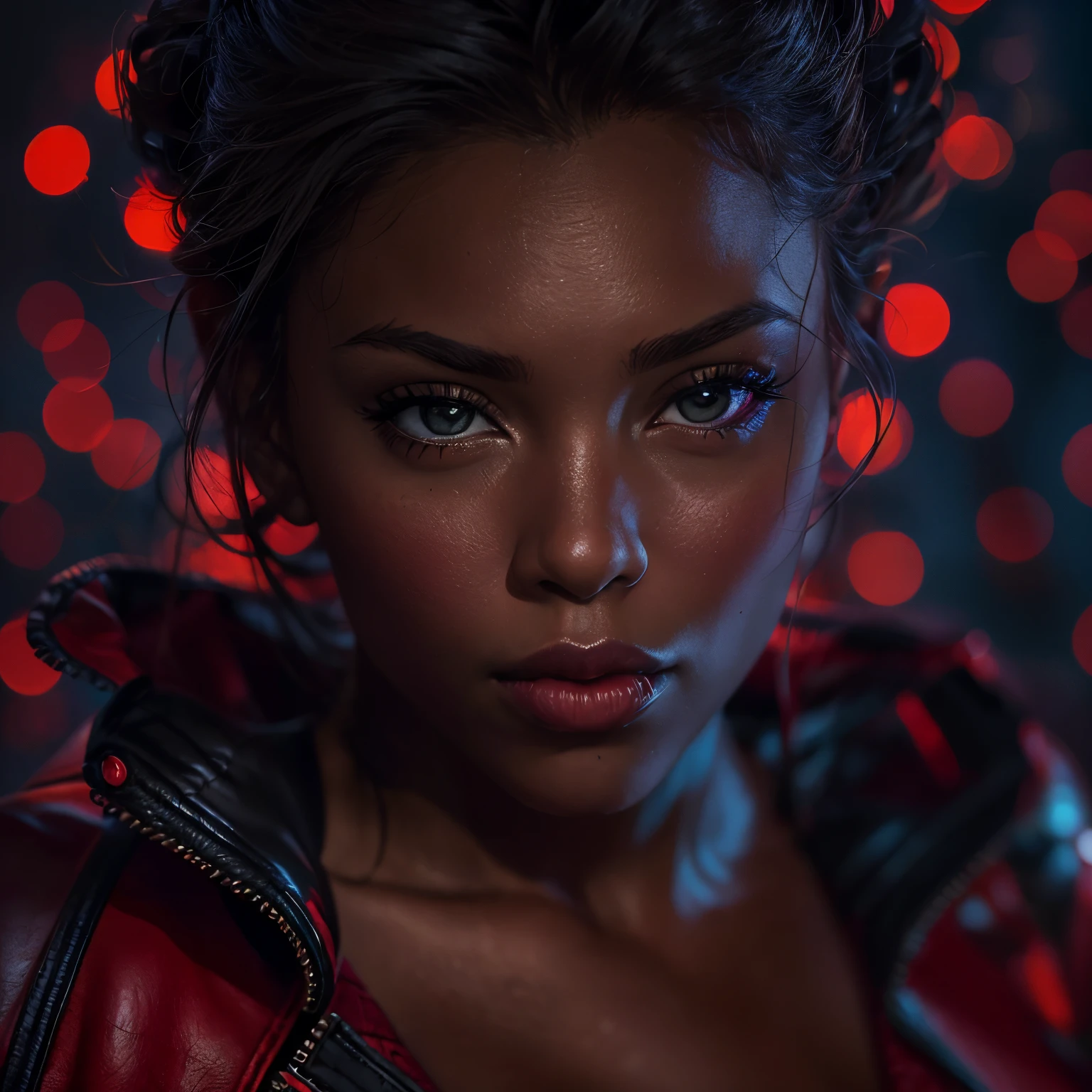 (best quality,8k,ultra-detailed,realistic),extremely detailed photo of a black woman,scarlet witch,avengers,wearing black lace dress,open red leather jacket,black pantyhose,model photoshoot,RAW photography,studio lighting,professional,vivid colors,bokeh