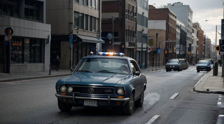 dark grayish-blue car in motion running away from police, urban, 1970s, 8K, HD, worm colors, side view