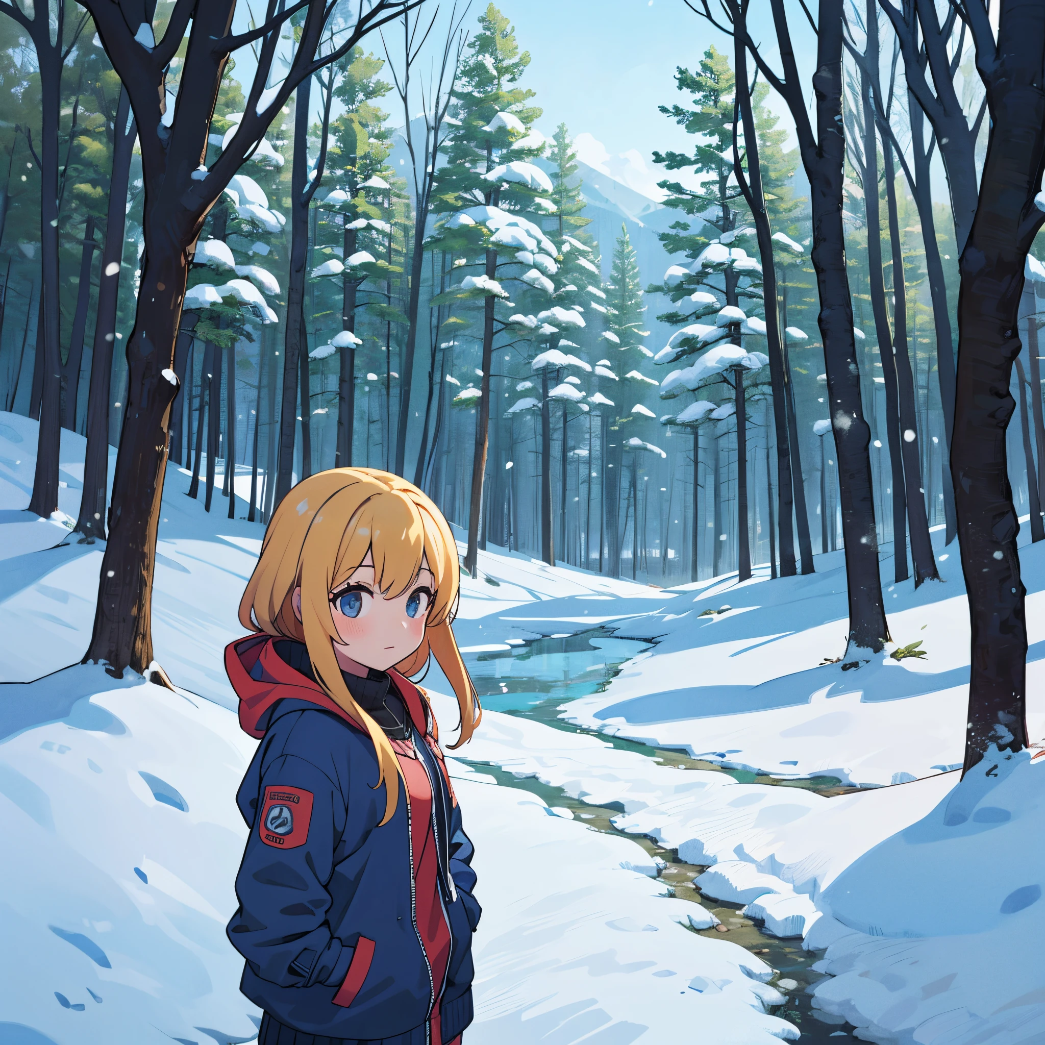 Only one girl, 1girl, wearing a outdoor jacket, in the middle of the forest,  snowy forest, taiga biome, half-body shot