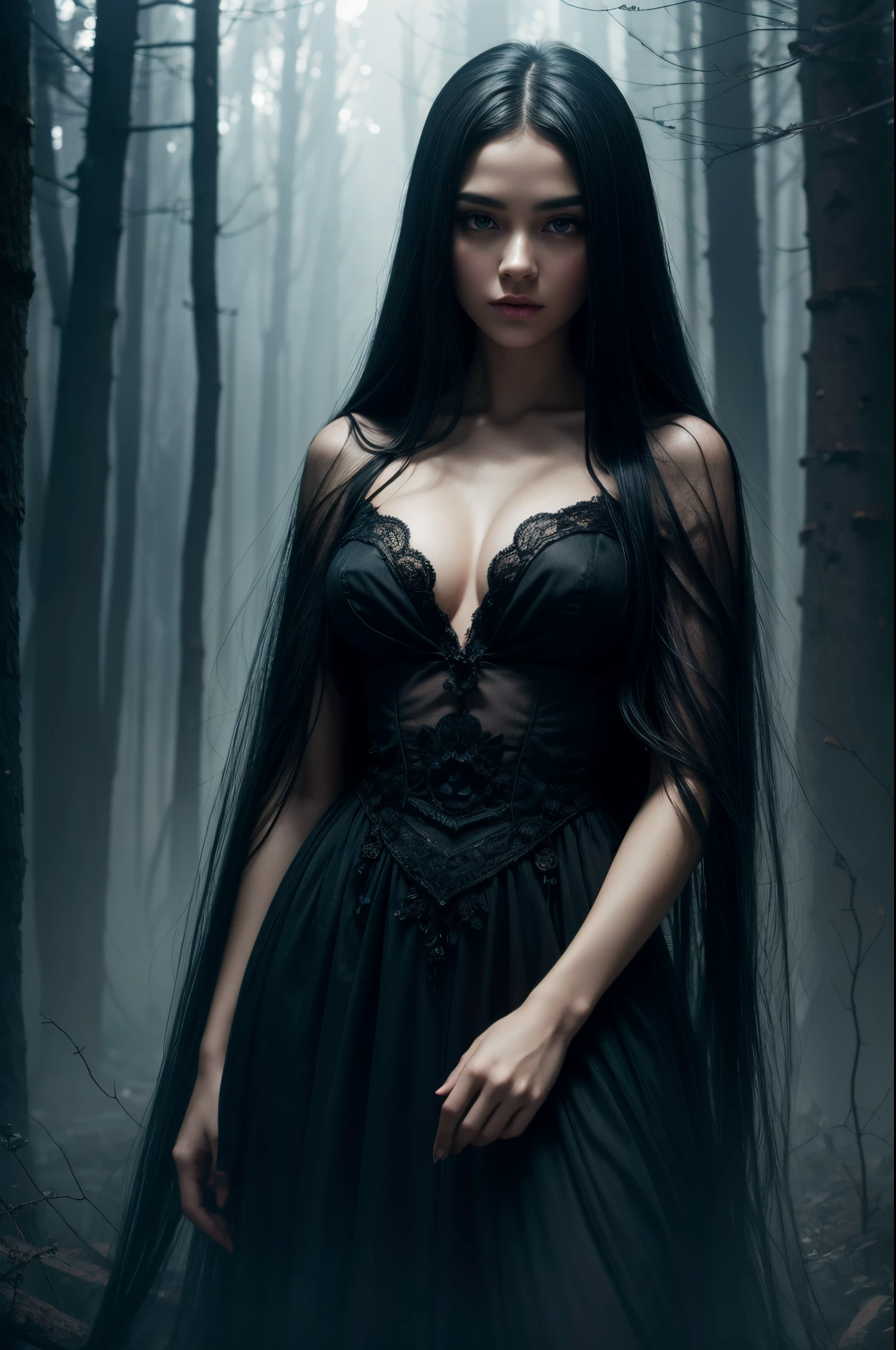 the scene is terrifying. In a mysterious and enchanting realm, a dark mist envelops the scene, as if hiding something deep. Among this fog, the figure of a woman appears with flowing black hair and eyes flickering with an otherworldly light, looking at the viewer. The image conveys her gentle yet terrifying and powerful presence, her ethereal and otherworldly beauty contrasting with the darkness surrounding her. The foggy atmosphere gives the work of art a mysterious and dreamlike quality, giving it an almost surreal appearance. The painting, expertly executed, showcases intricate details and vibrant colors that bring the scene to life. It invites us into a fascinating world where memories are shrouded in layers of uncertainty, waiting to be unraveled.