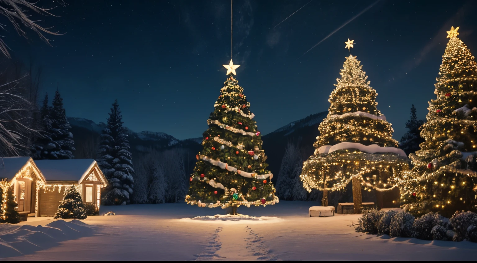 Draw a picture of an outdoor Christmas location, a Christmas tree on the right of the screen, a string of Christmas lights hanging from the top of the design. cores quentes e um ambiente bem iluminado. Ultra HD. only heaven, the lights and the tree.