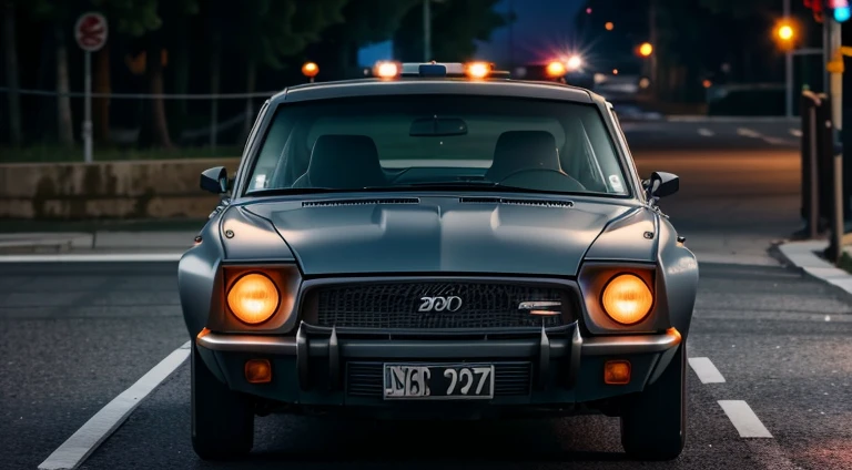 dark grayish-blue car in motion running away from police, urban, 1970s, 8K, HD, worm colors, front right view