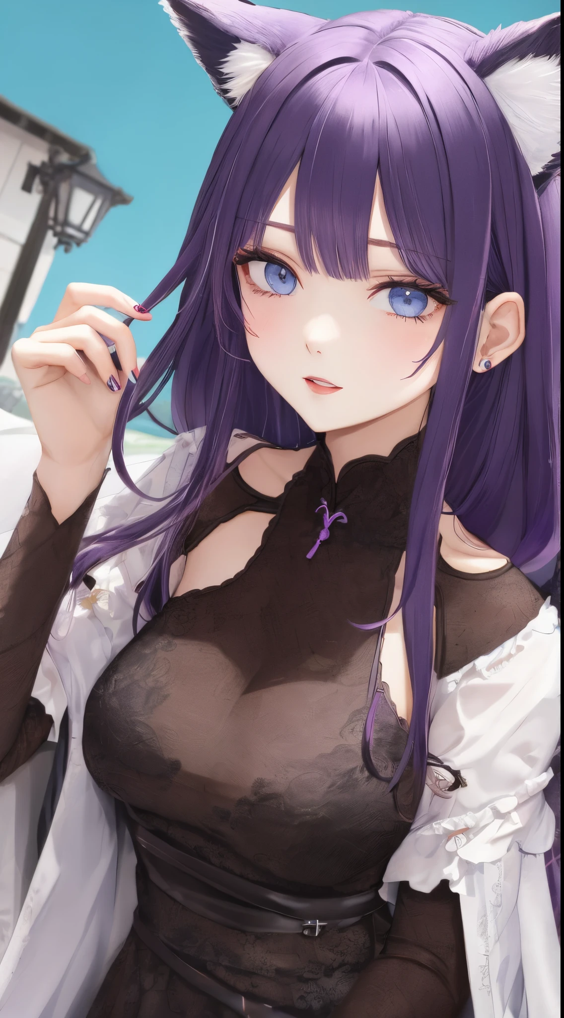 Tall women, purple hair, light blue eyes, fox ears, pretty, very fashion clothes, sassy expression, 27 years old