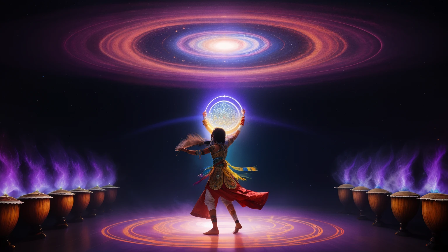 (a shaman dancing with a drum),drum,dance,clothes,traditional,tribal,energy,spiritual,ritual,passionate,mystical,fire,smoke,motion,expressive,tribe,transcendent,connection,ancestor,mind-altering,evocative,ecstasy,drumbeat,ancestral wisdom,spirit guide,shamanic journey,ceremony,ancestral spirits,cosmic vibrations,shapeshifting,altered state of consciousness,collective unconsciousness,intuition,healing,harmony,movement,ancient traditions,communion,celestial,cosmic dance,entrance,ancestral calling,transcendence,boundaries of reality,tap into the unknown,ritualistic,otherworldly,drumming rhythm,luminous,intense energy,intertwined souls,lucid dreams,portal to the divine,illumination,visualize the unseen,intuitive wisdom,soulful expressions,colorful patterns,ancestral memory,captivating presence,spiraling rhythms,living connection,reverence for nature,sacred essence,hypnotic dance.