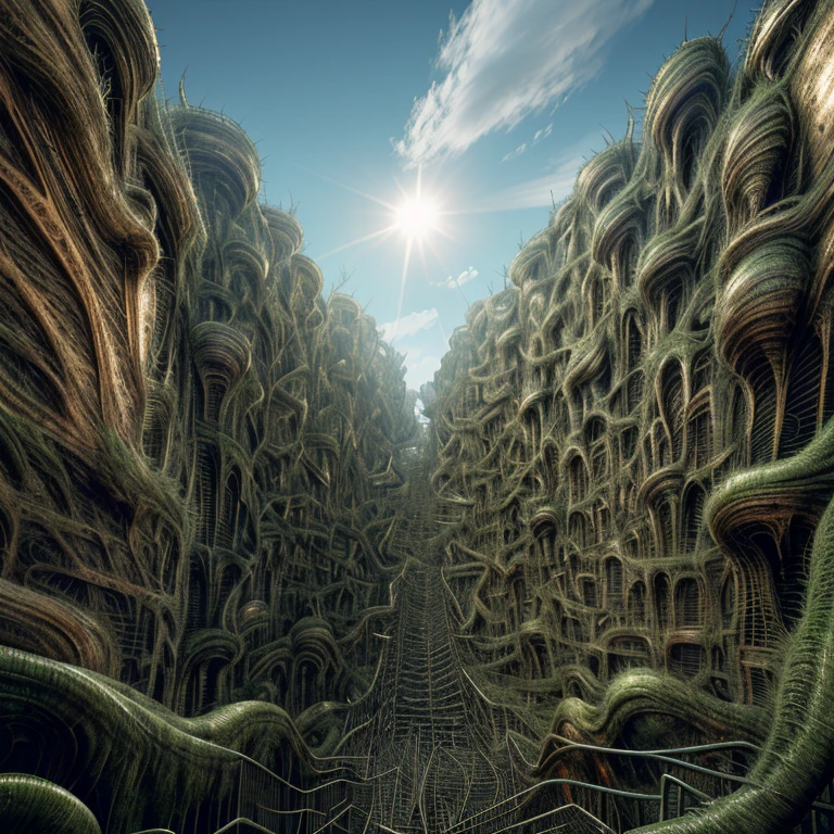 (best quality,4k,8k,highres,masterpiece:1.2),ultra-detailed,(realistic,photorealistic,photo-realistic:1.37), View from the top, horror art landscape, complex biomechanicals monuments, biomorphic beings from the 4th dimension, spiked walls, madness, thorns. Artstation, UHD, unreal engine, line art drawing style.