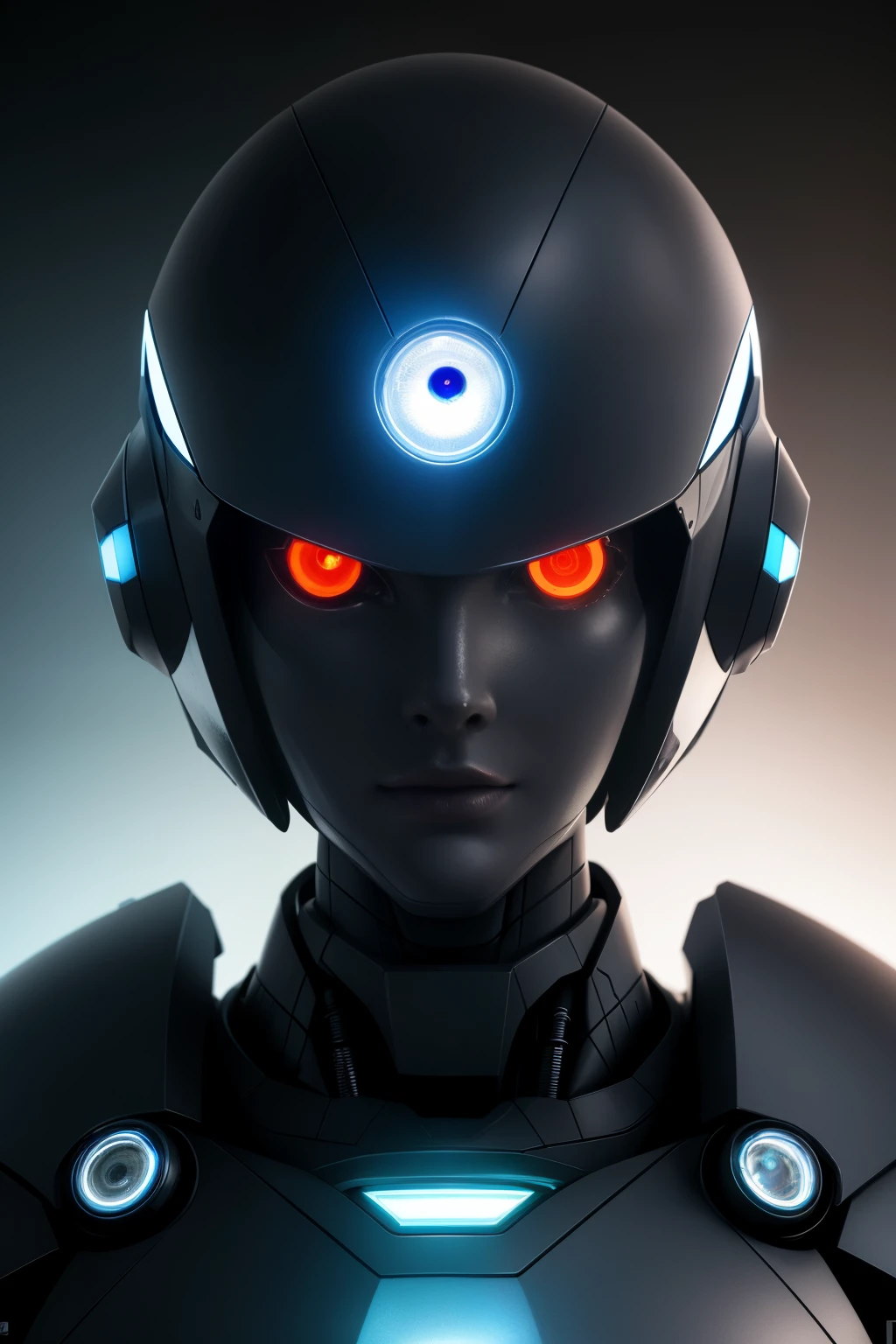 close-up of a robot with glowing eyes and helmet, Portrait of a futuristic robot, symmetry! Futuristic robotics, Futuristic robot, Close-up portrait of a cyborg, detailed portrait of a cyborg, metal and glowing eyes, Cyborg eyes, symmetry!! Portrait of a cyborg, Futuristic Robot Robot, highly detailed 4k digital art, Glowing eyes in a helmet, Beautiful robot character design