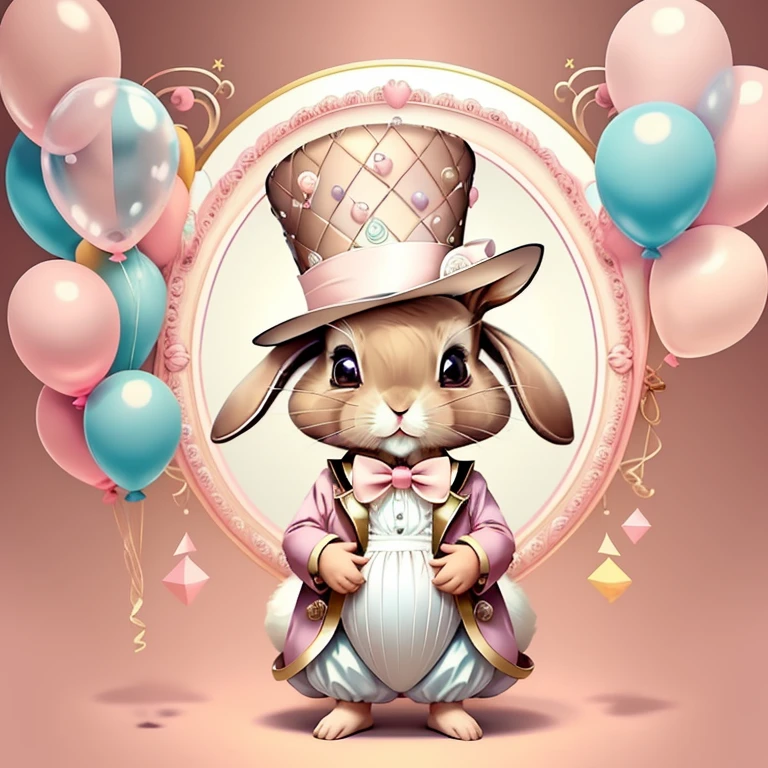 (cute brown rabbit with pink top hat and lots of ballons), Munchkin ,Geometric multidimensional wall portrait, livro de arte, Tchibi,
Yang08k, Beautiful, Colouring,
Obras, of the highest quality, best quality, Arte Oficial, Beautiful and Aesthetic,