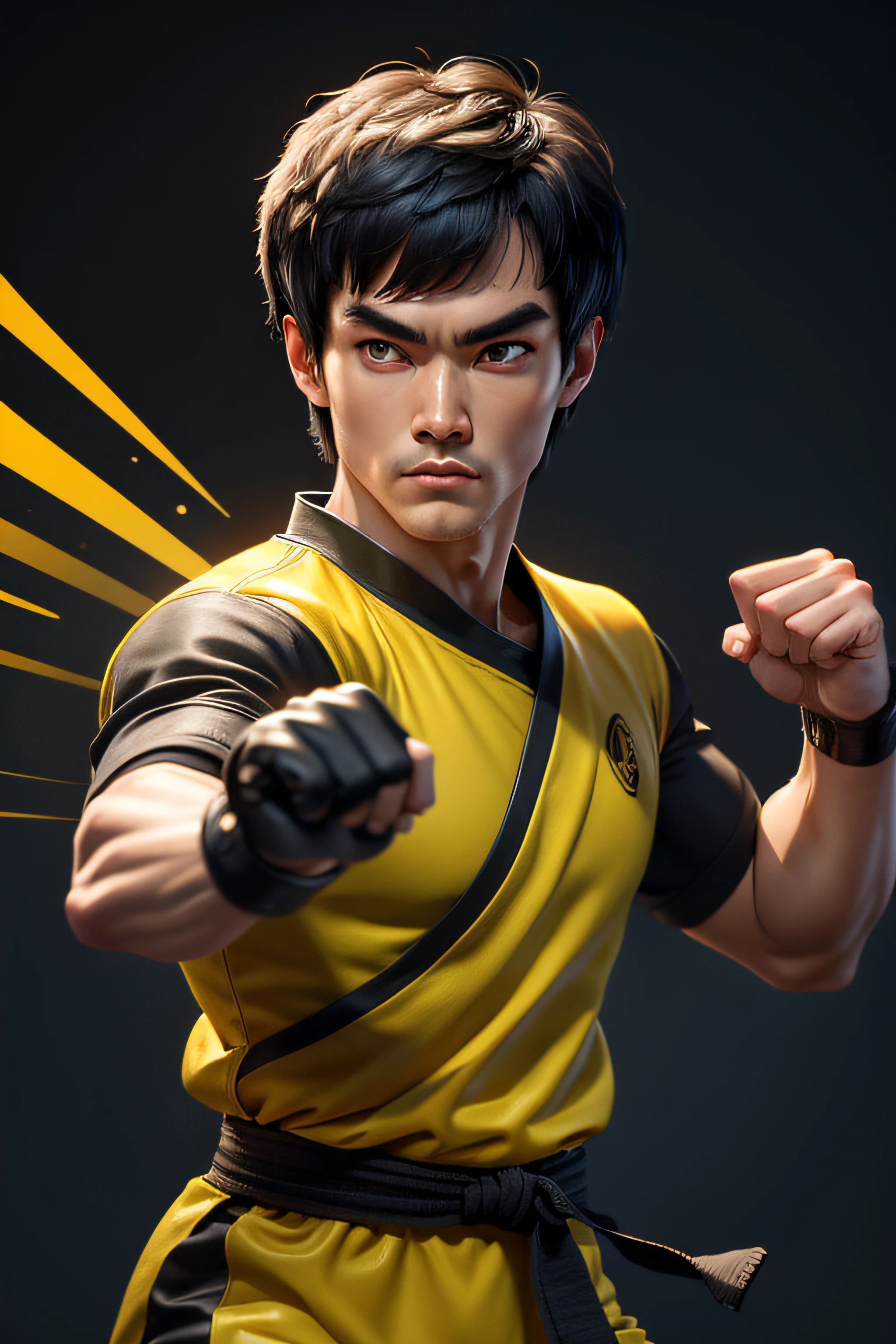 Bruce Lee, kung fu specialist, habille d&#39;un juste-au-corps jaune avec des bandes noires, s&#39;Entrance to a Japanese dojo.  regarde le spectateur. Artiste martial. combattant. Kinematic light. cadrage dynamique. hyper detailed. Chef d'oeuvre.