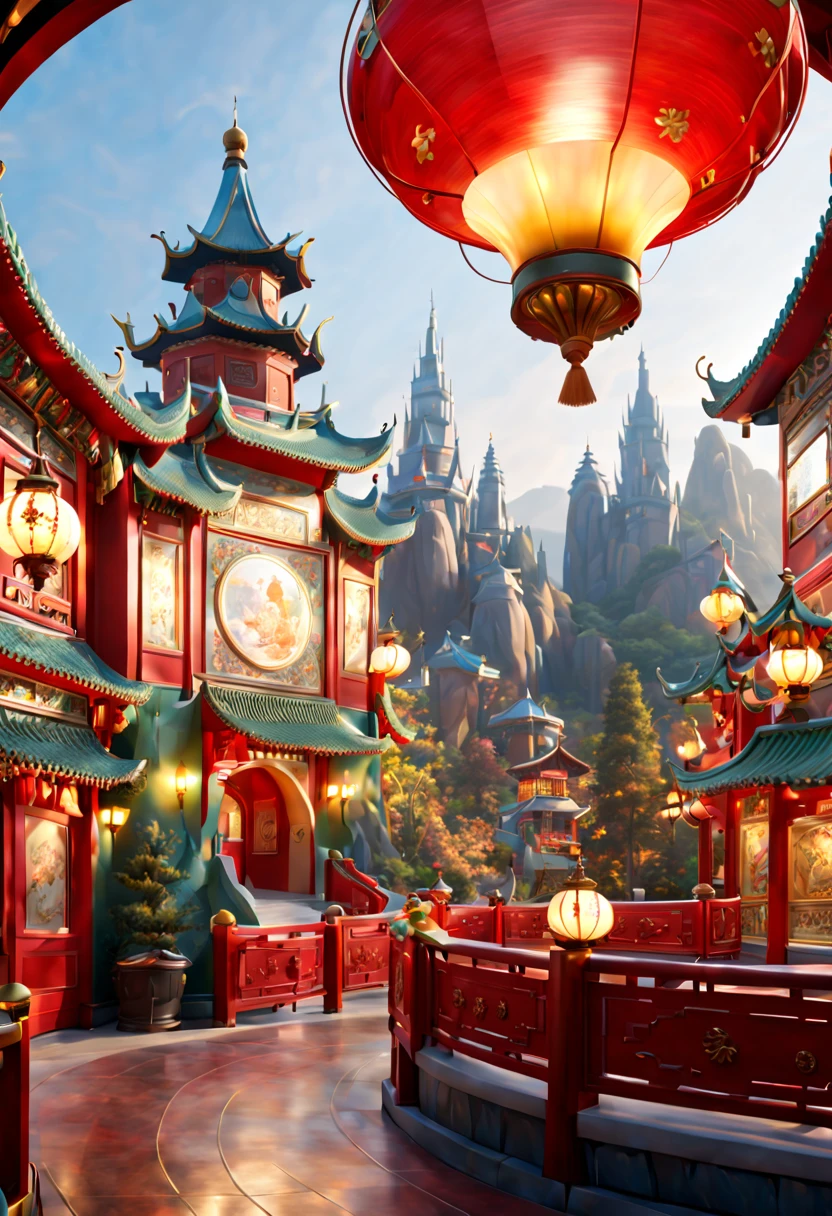 (pixar art, visitor:1.3), (China Theme Park:1.2), Frosted Cranberry Red, Warm Candlelight Gold, Silver Pine Green, Porcelain White, BREAK, intricate, (best quality, masterpiece, Representative work, official art, Professional, unity 8k wallpaper:1.3)