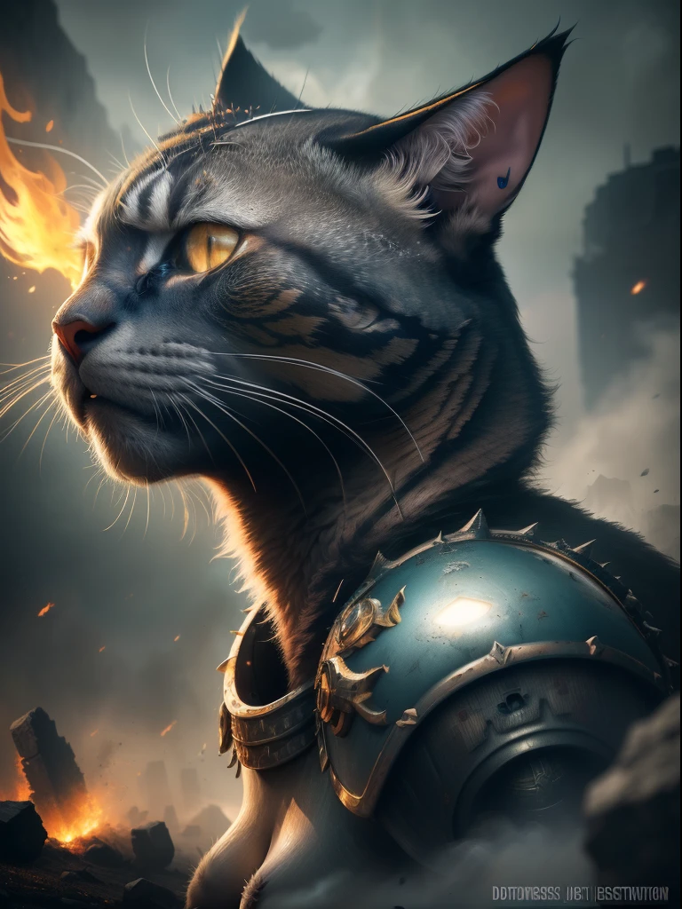 (Best Quality,4k,hight resolution,Masterpiece:1.2),Ultra-detailed,(Realistic,Photorealistic,photo-realistic:1.37),portrai,Detailed eyes and face,long eyelashes,girls with good looks,sharp-focus,multi-colored hair,Detailed armor,backgrounds with fire,High-contrast lighting,Fantastic landscapes,cat facial features,Fierce expression on his face,cybernetic enhancements,mechanical weapons,Dynamic poses,Glowing energy effects,Gloomy and harsh atmosphere,war-torn landscapes,strong and confident positions,Vivid colors,exquisite details,impressive battle scenes,Otherworldly creatures,magic spells and abilities,animated and dynamic illustrations,ethereal and mystical elements,seamless combination of organic and mechanical elements,immersive and fantastic environment,Exotic and intricate patterns,imposing and intimidating presence,domineering and domineering behavior,decisive and fearless views,dystopian and post-apocalyptic setting,a demonstration of the strength and resilience of women warriors,a demonstration of the strength and superiority of the Felinids in the Warhammer 40K universe..
