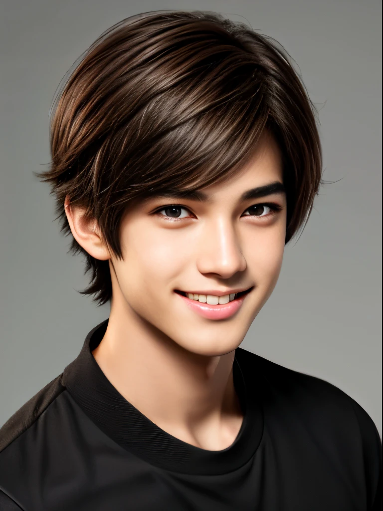 black and white video game character image, anime-like, 1boy, male focus, 独奏, brown hair, Brown eyes, looking a viewer, Smile, Simple background, gray background