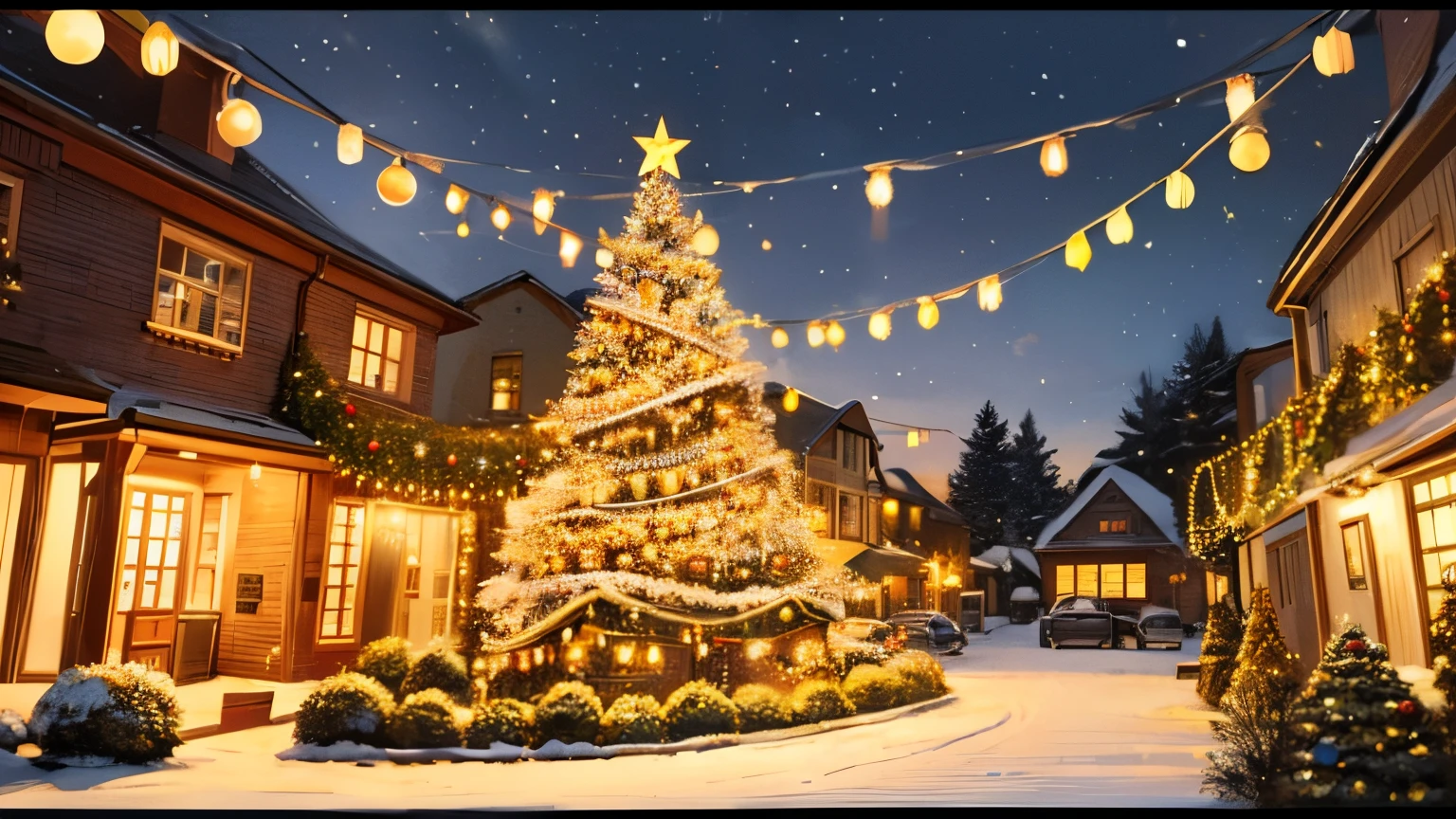 Make a drawing of an outdoor Christmas location, a Christmas tree to the right of the screen, a string of Christmas lights hanging from the top of the drawing. warm colors and a well-lit environment.