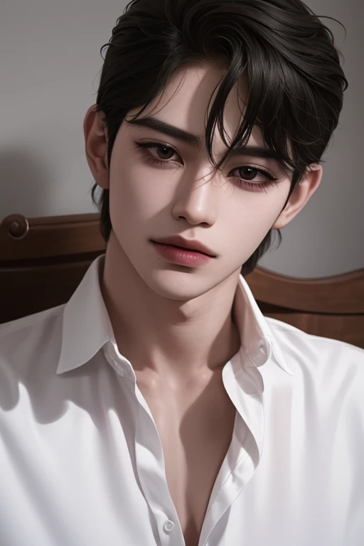 man, guapo, chico malo coreano, Ultra detallado,hiper detalles,cinematiclight, solamente,estar de pie,Estudio blanco,filtro en blanco y negro,Closeup,frente,Mirando al espectador de frente,Estilo Manhwa,camisa desabotonada,Tatuaje en el pecho,pelo negro,flequillo desordenado,corte de pelo emo,modelo,pose,penetrante,collar de cruz,dientes de sonrisa.