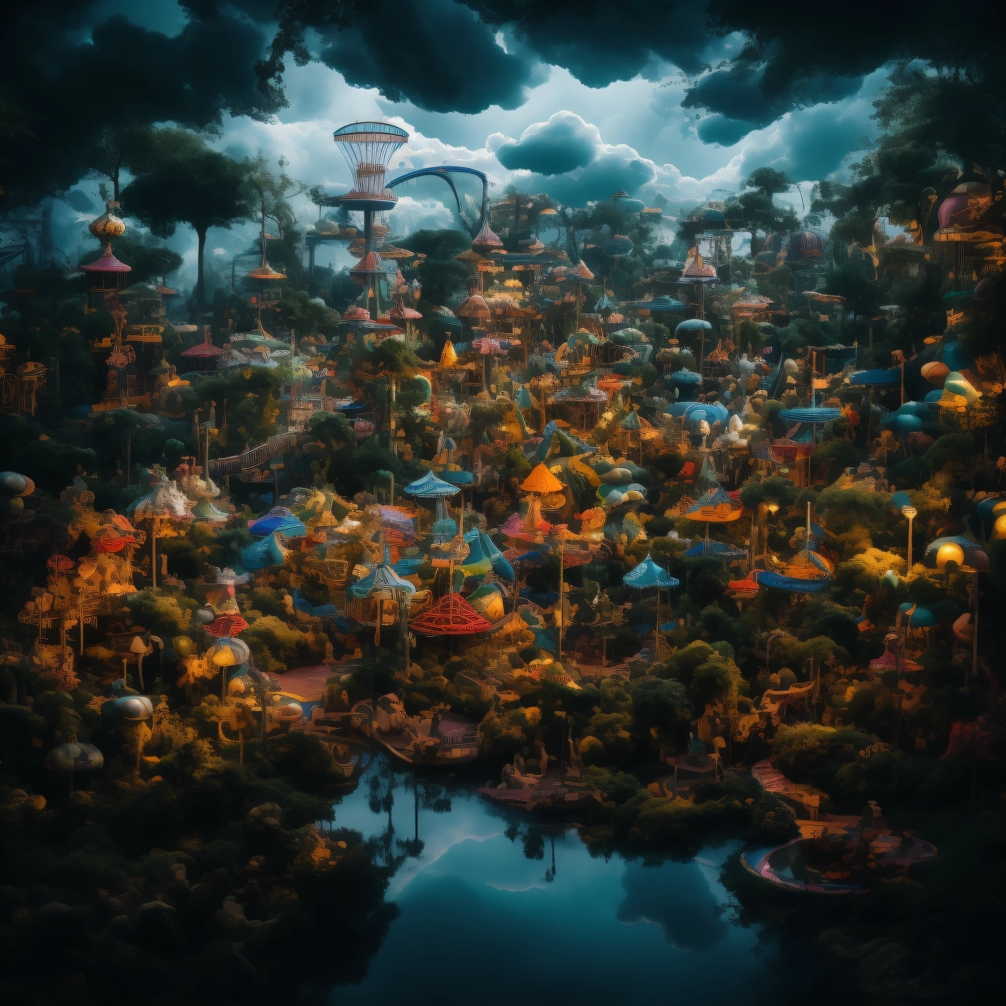 A mysterious amusement park in a surreal dreamscape, distorted reality with twisted roller coasters and floating carousels, a surreal sky blending day and night, an otherworldly environment evoking a sense of wonder and awe, Sculpture, clay modeling, surrealistic elements