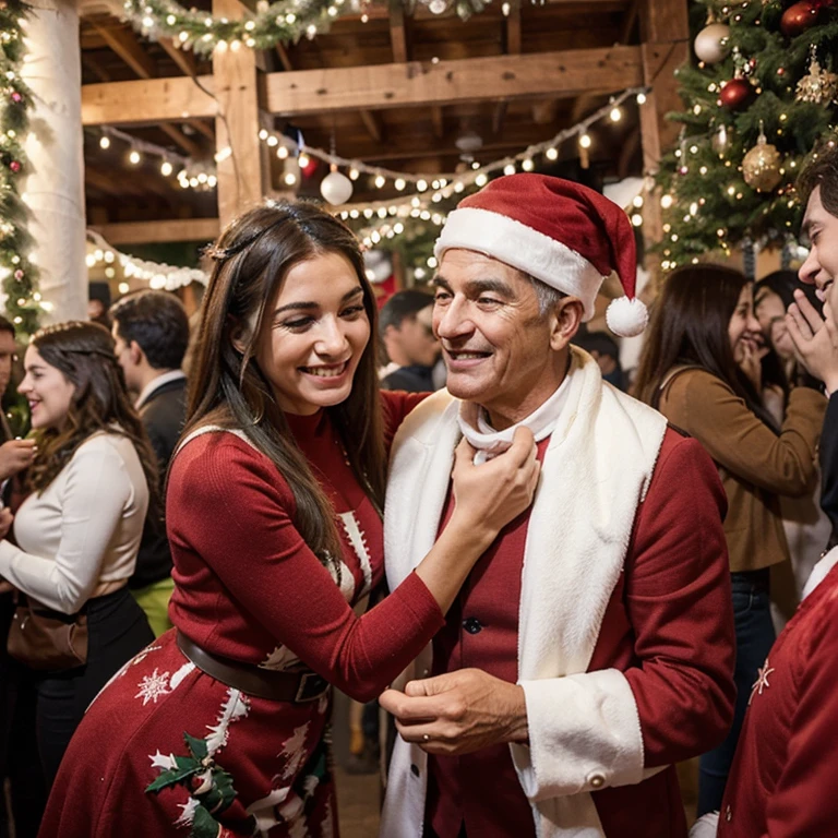 Men and women mingle in a lively Christmas gathering, enchendo o ambiente com risos e conversas. Amidst the festive decoration, todos compartilham momentos de camaradagem, creating a vibrant atmosphere of celebration across generations and genders.