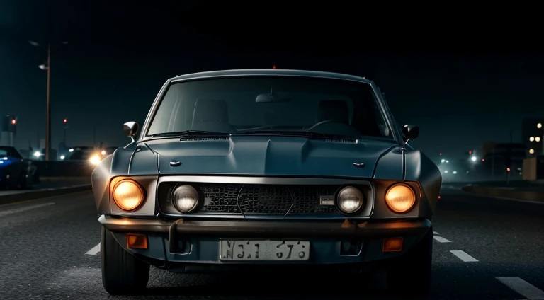 dark grayish-blue car in motion running away from police, urban, 1970s, front right view, ultra realistic, cinematic style, worm colors, 8K, HD