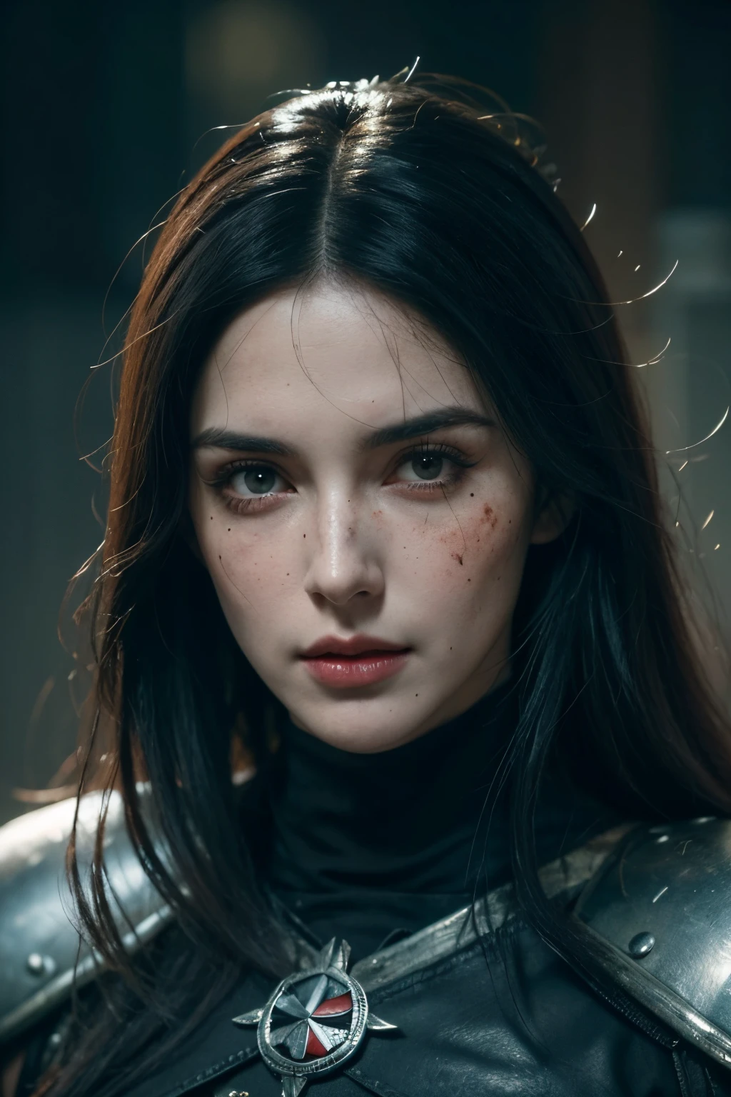 linda guerreira com longos cabelos pretos e olhos azuis parecida com a yennefer do jogo the witcher, She wears black metal medieval armor and is in the middle of a fierce battle against enemy soldiers.., your face is stained with blood and freckles, His skin is white, and his expression is angry