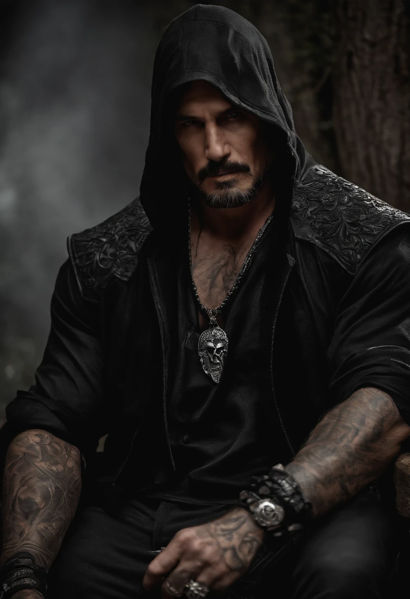A photo of Reaper leading a discussion with other gang leaders at a secluded hideout,original,Jason “Reaper” Donovan was an imposing figure, standing at 6’5” with a muscular build, embodying the quintessential outlaw biker. His body was adorned with tattoos, each symbolizing a chapter of his turbulent life. A distinctive scar running down his left cheek and cold, piercing eyes added to his intimidating presence. Reaper’s rugged, weathered features spoke of a life lived on the edge, far removed from ordinary society., male