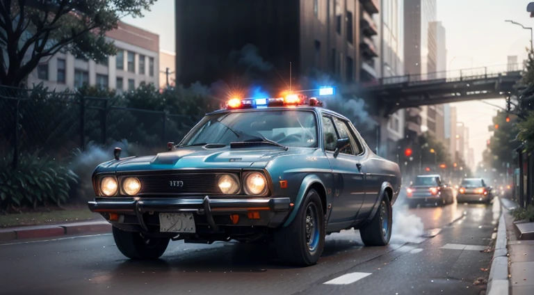 dark grayish-blue car in motion running away from police, urban, 1970s, front right view, ultra realistic, cinematic style, worm colors, 8K, HD