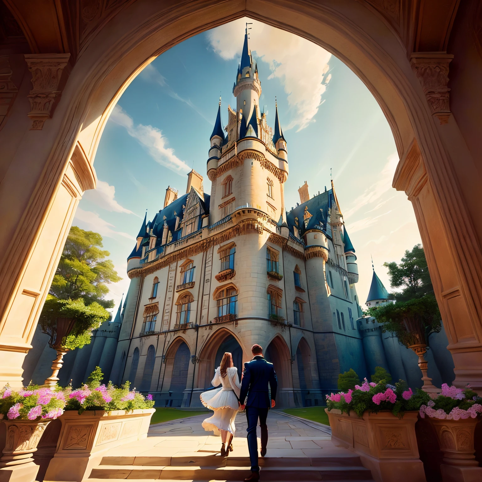 a castle with stone walls, majestic turrets, and intricate architecture, [music sheets:1.1] fluttering in the wind, the castle stands tall and proud in its grandeur. [Victorian-style:1.2] stained glass windows cast colorful rays of light on the castle's interior, [elaborate engravings] adorn every corner, depicting musical notes and instruments. A sense of history and elegance permeates every room, [delicate chandeliers:1.1] hanging from the high ceilings, giving a warm glow to the castle's magnificent halls. [an enchanted garden:1.1] surrounds the castle, filled with blooming flowers and lush greenery, [soft melodies:1.1] can be heard in the distance, adding to the magical ambiance. At night, [glowing orbs:1.1] illuminate the pathways, creating a dreamlike atmosphere. The castle exudes a sense of harmonious beauty, blending the enchantment of music with the grandeur of its architecture, [vivid colors:1.1] and intricate details bring the castle to life, making it a masterpiece of art and music.