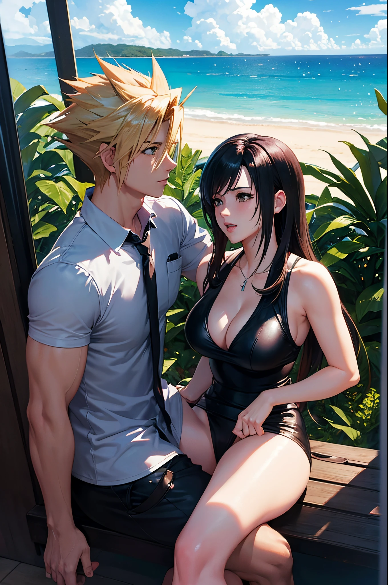 Import photo: Cloud Strife and Tifa Lockhart kissing each other, lewd, naughty, beach setting, romantic atmosphere,