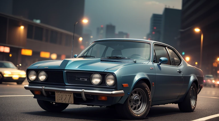 dark grayish-blue car in motion, urban, 1970s, front right view, ultra realistic, cinematic style, worm colors, 8K, HD