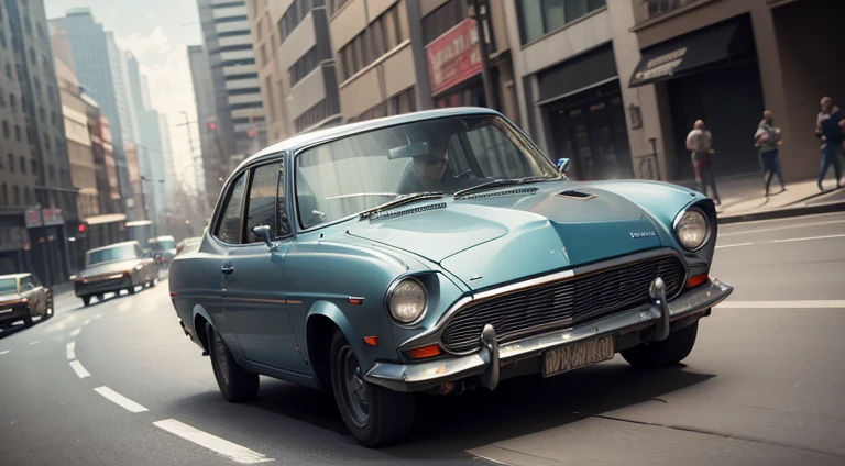 dark grayish-blue car in motion, urban, 1970s, front right view, ultra realistic, cinematic style, worm colors, 8K, HD