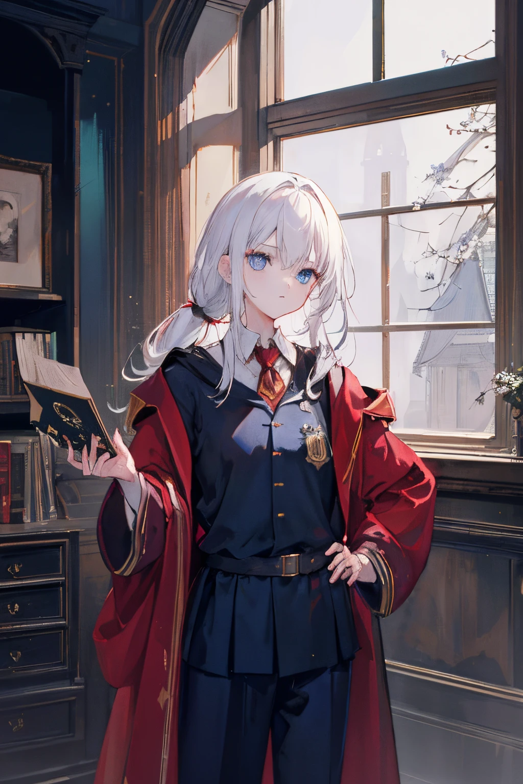 ((Best Quality)), ((masutepiece)), (Cinematic aesthetics:1.4), long white hair,poneyTail,Blue eyes,Tall,handsome girl,Crisp face,Harry Potter, magia,校服,trouser,Hogwarts,Gryffindor