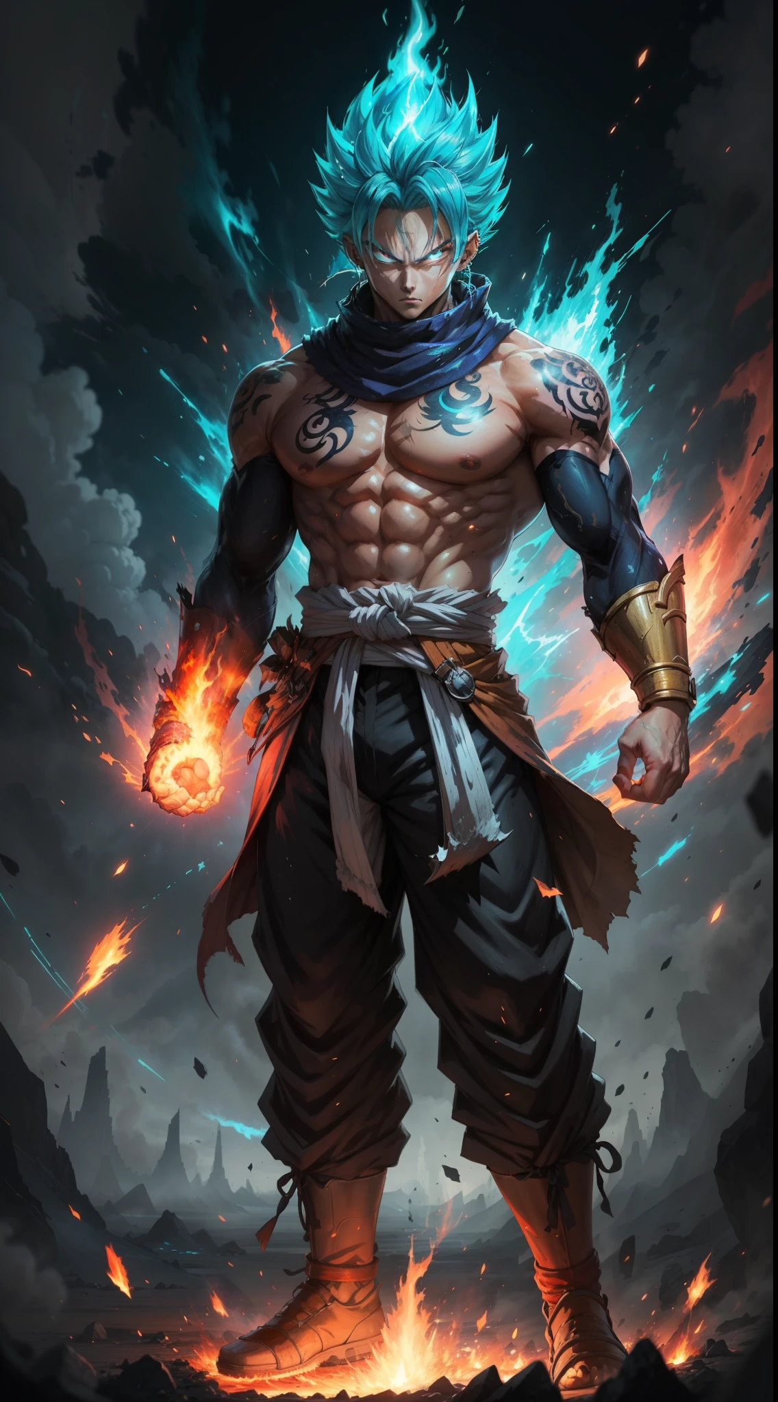 Get ready for a visual feast with the Gohan, glowing blue hair and tattoo, a being with a handsome face and piercing red eyes. In his transformed state, he radiates extreme instinct and power, making for an epic anime about this energy man. Watch as he controls fire and lava in stunning anime artwork that will leave you in awe. This concept art is straight out of the Bleach Universe, with a manga-style 8k wallpaper that will transport you to another dimension. Prepare to be amazed by this detailed digital anime art, showcasing the ultimate fusion of style and power.