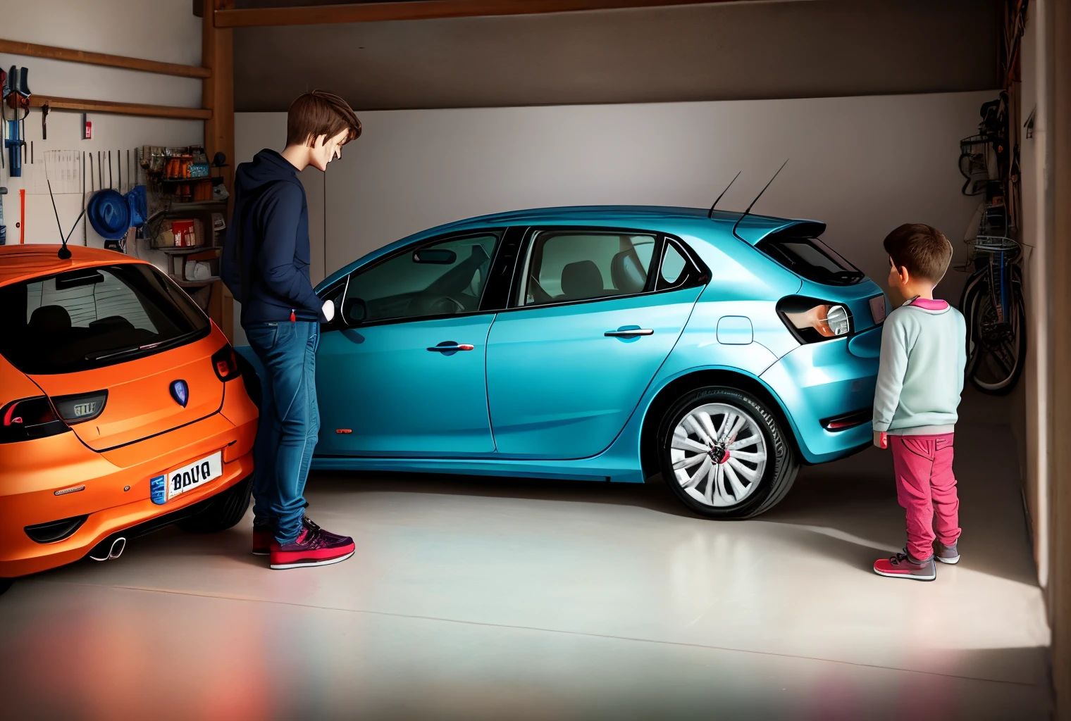 Fiat Punto in the garage with a child with straight hair looking at the vehicle