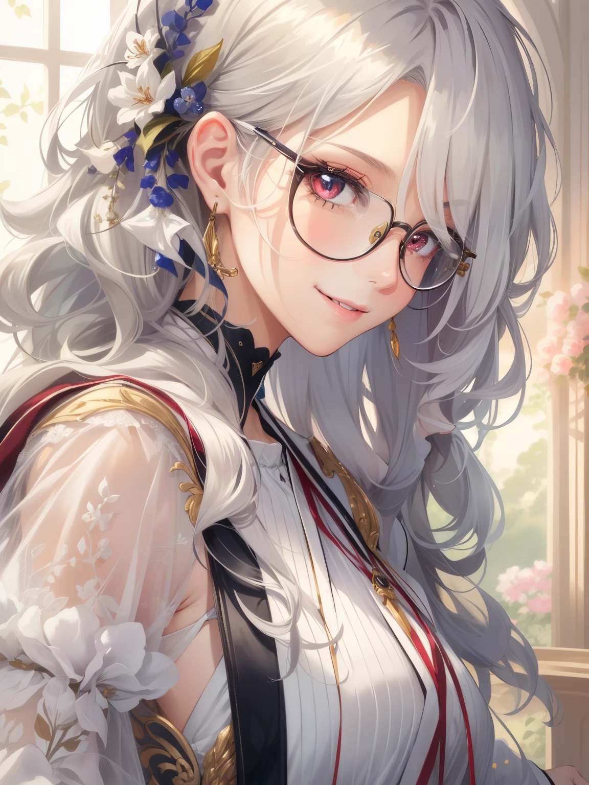 (masterpiece), (best quality), (ultra-detailed), 1girl, White hairs, red eyes, Transparent glasses, Cute smile, Beautiful, Detailed eyes, Detailed face, Detailed hands